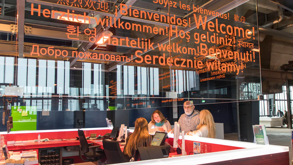 Das Besucherzentrum Ruhr auf Zollverein: Im Mittelpunkt steht ein moderner Informationsschalter mit rot-weißer Theke, an dem eine Mitarbeiterin Besucher beratet. Eine Glaswand mit der Aufschrift Welcome in mehreren Sprachen, darunter Deutsch, Englisch, Spanisch und Chinesisch, schirmt den Schalter etwas von der restlichen Halle ab. Im Hintergrund sind die industrielle Architektur des ehemaligen Bergwerks und weitere Informationsbereiche erkennbar.