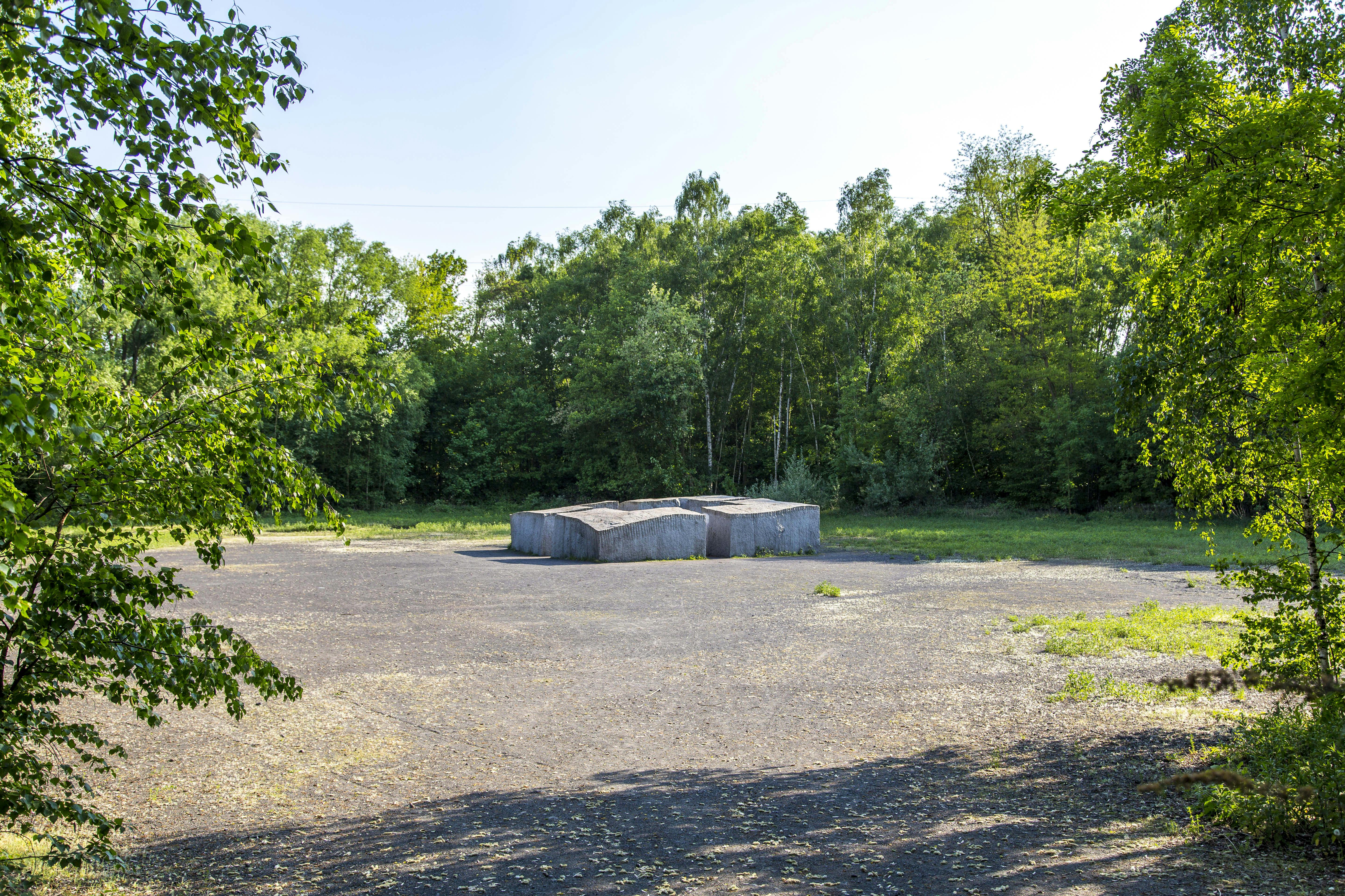 Das Kunstwerk Castell von Ulrich Rückriem steht frei auf einer offenen, ebenen Fläche, umgeben von dichtem Grün und Bäumen. Es besteht aus mehreren grob behauenen, grauen Granitblöcken, die zusammen eine geometrische, fast sakral wirkende Formation bilden. Die Szenerie ist ruhig, sonnig und von Natur eingerahmt – ein Kontrast zwischen massivem Stein und lebendigem Wald.