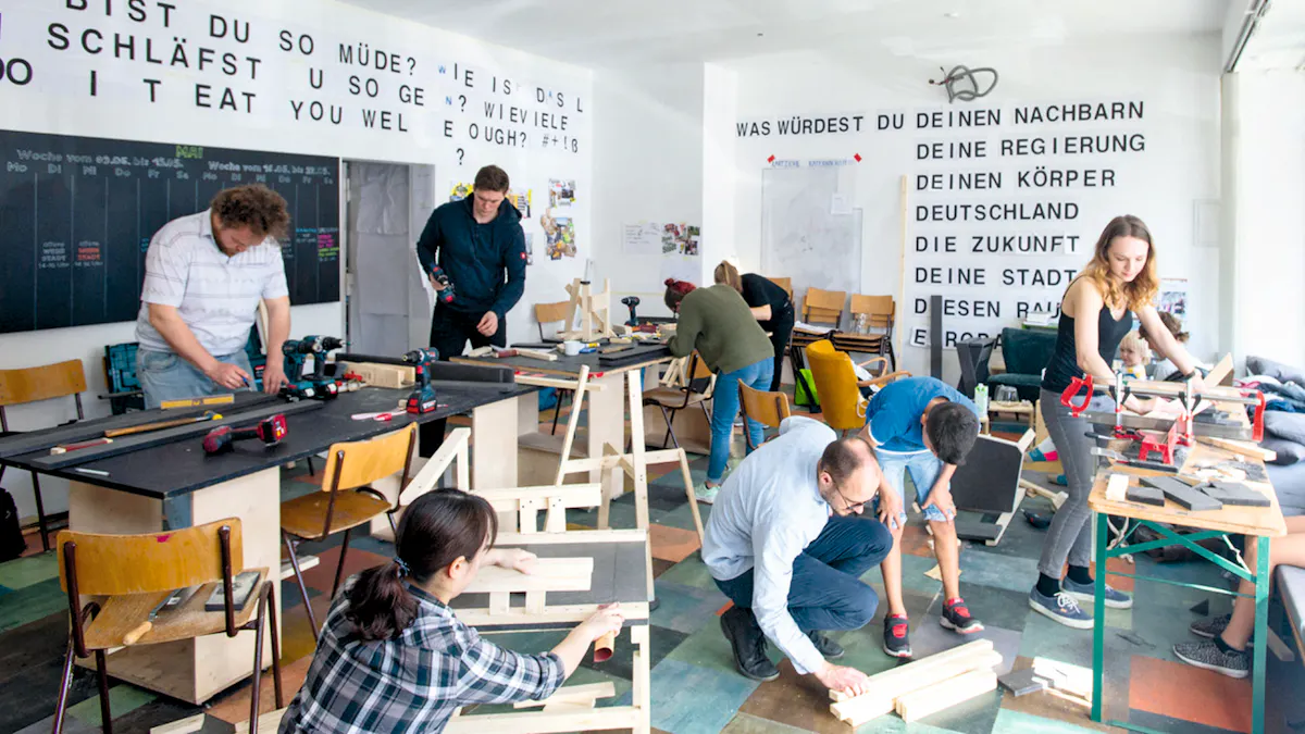 In einem hellen Raum mit großen Fenstern arbeiten mehrere Menschen konzentriert an verschiedenen Holzprojekten. Auf Tischen und Werkbänken liegen Werkzeuge wie Akkuschrauber, Zwingen und Holzlatten. Einige Personen stehen oder sitzen auf Stühlen, andere knien auf dem Boden, um Werkstücke zu bearbeiten. Im Hintergrund sind an der weißen Wand großformatige Fragen in schwarzer Schrift zu lesen, etwa: Was würdest du deinen Nachbarn, deine Regierung, deinen Körper, Deutschland, die Zukunft… – eine Anregung zur Reflexion. Die Atmosphäre ist lebendig und kreativ, der Raum wirkt wie eine offene Werkstatt oder ein partizipatives Kunstprojekt.