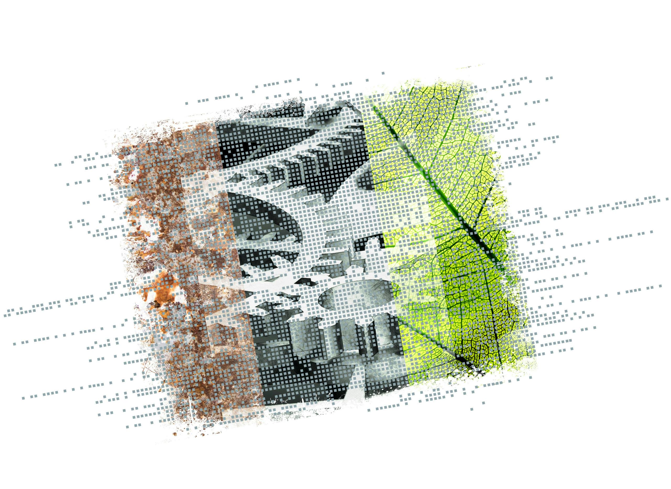 Grafisches Motiv, das in einem stilisierten Mosaik-Look vier Bildelemente kombiniert: links rostige Industrieoberfläche, daneben Zahnräder in Graustufen, gefolgt von einem technischen Rastermuster und rechts ein leuchtend grünes Blatt mit sichtbaren Blattadern. Die Bildelemente bestehen aus vielen kleinen, digital wirkenden Quadraten, die sich nach außen hin auflösen und in transparente Rasterpunkte übergehen. Das Motiv symbolisiert den Übergang und die Verbindung von industriellem Erbe, Technik und Natur.