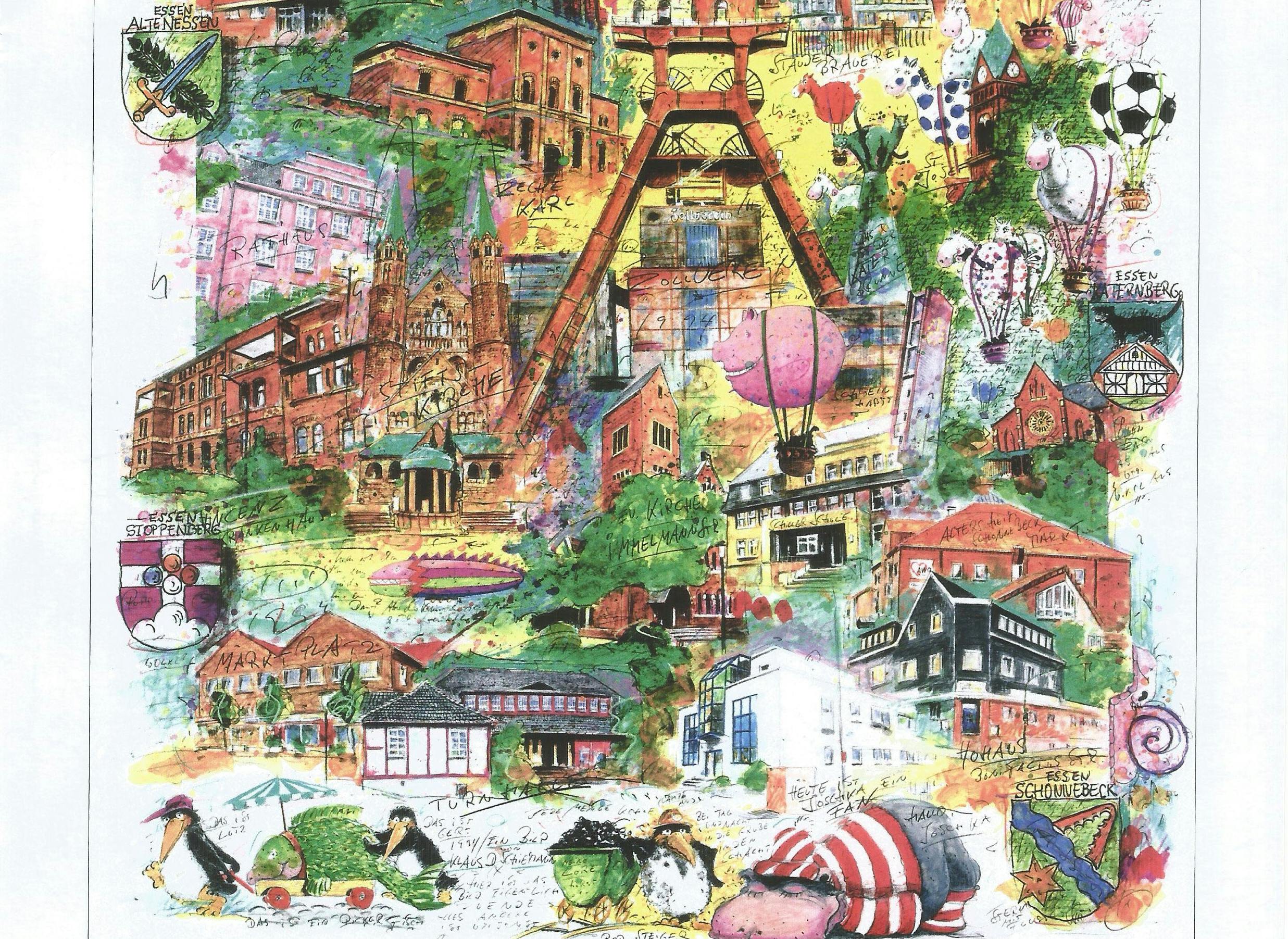 Buntes, detailreiches Wimmelbild mit zahlreichen gezeichneten Wahrzeichen, Gebäuden, Symbolen und Figuren aus verschiedenen Stadtteilen von Essen. Im Zentrum steht die markante Förderturmstruktur der Zeche Zollverein. Umgeben ist sie von weiteren Gebäuden wie Kirchen, Fachwerkhäusern, Schulen und Industriearchitektur, teils beschriftet mit Namen wie Altenessen, Stoppenberg oder Schonnebeck. Dazwischen befinden sich fliegende Heißluftballons, Fußballmotive, Pinguine, ein rosa Nilpferd im Liegestuhl und viele kleine Illustrationen und handschriftliche Notizen. Das Bild vermittelt eine lebendige und verspielte Darstellung der lokalen Kultur und Architektur.