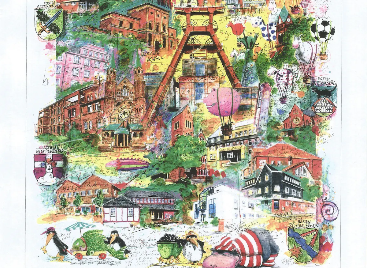 Buntes, detailreiches Wimmelbild mit zahlreichen gezeichneten Wahrzeichen, Gebäuden, Symbolen und Figuren aus verschiedenen Stadtteilen von Essen. Im Zentrum steht die markante Förderturmstruktur der Zeche Zollverein. Umgeben ist sie von weiteren Gebäuden wie Kirchen, Fachwerkhäusern, Schulen und Industriearchitektur, teils beschriftet mit Namen wie Altenessen, Stoppenberg oder Schonnebeck. Dazwischen befinden sich fliegende Heißluftballons, Fußballmotive, Pinguine, ein rosa Nilpferd im Liegestuhl und viele kleine Illustrationen und handschriftliche Notizen. Das Bild vermittelt eine lebendige und verspielte Darstellung der lokalen Kultur und Architektur.