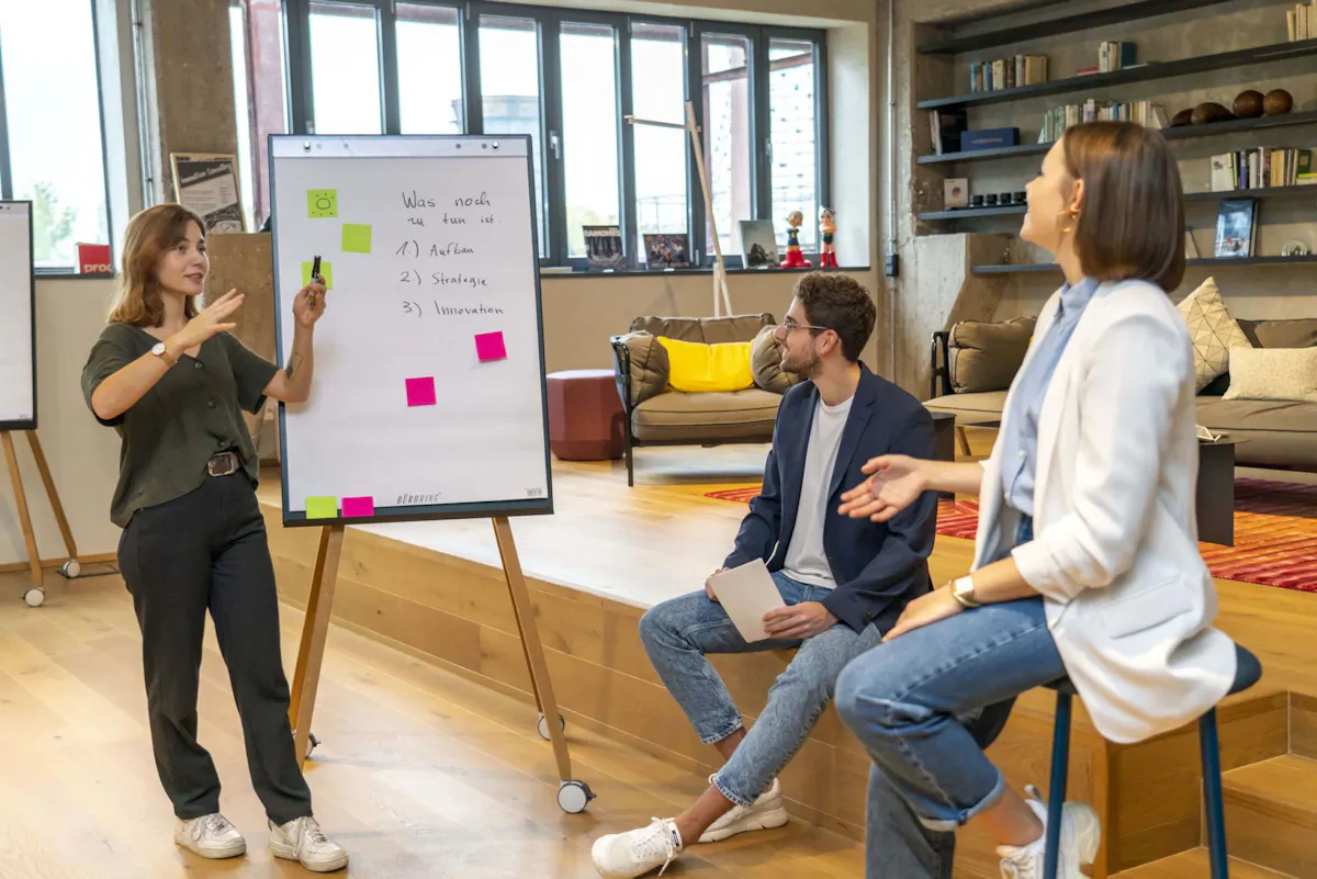 Drei junge Erwachsene in einem modernen Büro- oder Coworking-Space diskutieren vor einem Flipchart. Eine Frau steht links und erklärt etwas mit lebhafter Gestik, während ein Mann im blauen Sakko auf einer Stufe sitzt und zuhört. Eine weitere Frau in hellblauer Bluse und weißem Blazer sitzt rechts auf einem Hocker und beteiligt sich am Gespräch. Auf dem Flipchart steht in deutscher Handschrift „Was noch zu tun ist: 1. Aufbau, 2. Strategie, 3. Innovation“, ergänzt durch bunte Haftnotizen. Im Hintergrund sind Bücherregale, Sofas und große Fenster zu sehen.