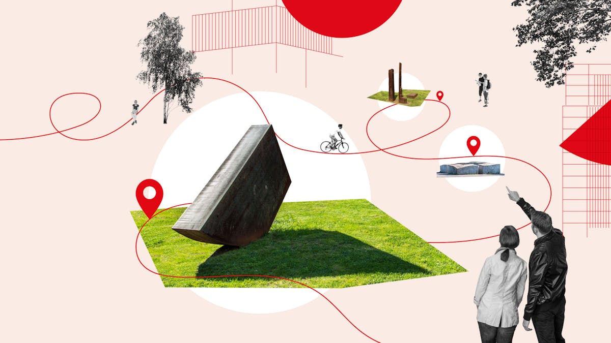 Collageartige Illustration mit einer roten Linie, die sich kurvenreich durch eine helle Landschaft bewegt und mehrere Stationen miteinander verbindet. Entlang des Weges befinden sich stilisierte Bildelemente wie Skulpturen auf Rasenflächen, ein Radfahrer, Spaziergängerinnen, Bäume sowie zwei Personen im Vordergrund, die auf ein Ziel zeigen. Rote Standortmarkierungen heben bestimmte Punkte hervor. Der Hintergrund ist grafisch reduziert und mit geometrischen Formen versehen, was auf eine gestalterische Routenführung oder einen Kunstpfad hinweist.