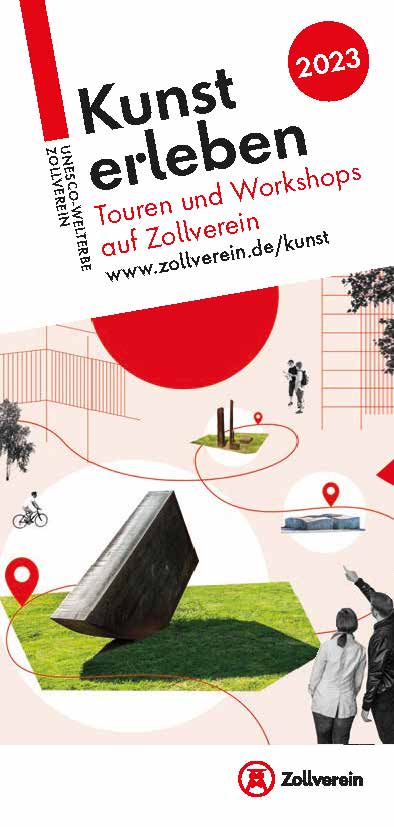Hochformatiges Plakat mit dem Titel Kunst erleben, Untertitel Touren und Workshops auf Zollverein, Jahrgang 2023. In einer collageartigen Darstellung sind rote Standortmarkierungen mit stilisierten Fotos von Kunstwerken und Menschen auf einem hellen Hintergrund verteilt. Zu sehen sind unter anderem eine große schrägstehende Skulptur auf einer Wiese, ein flaches Objekt, ein Radfahrer, Spaziergänger und ein Paar, das auf ein Kunstwerk zeigt. Die Linien und Kreise im Hintergrund deuten ein Wegenetz an. Unten rechts befindet sich das Logo der Stiftung Zollverein. Die Gestaltung ist lebendig und lädt zur aktiven Teilnahme ein