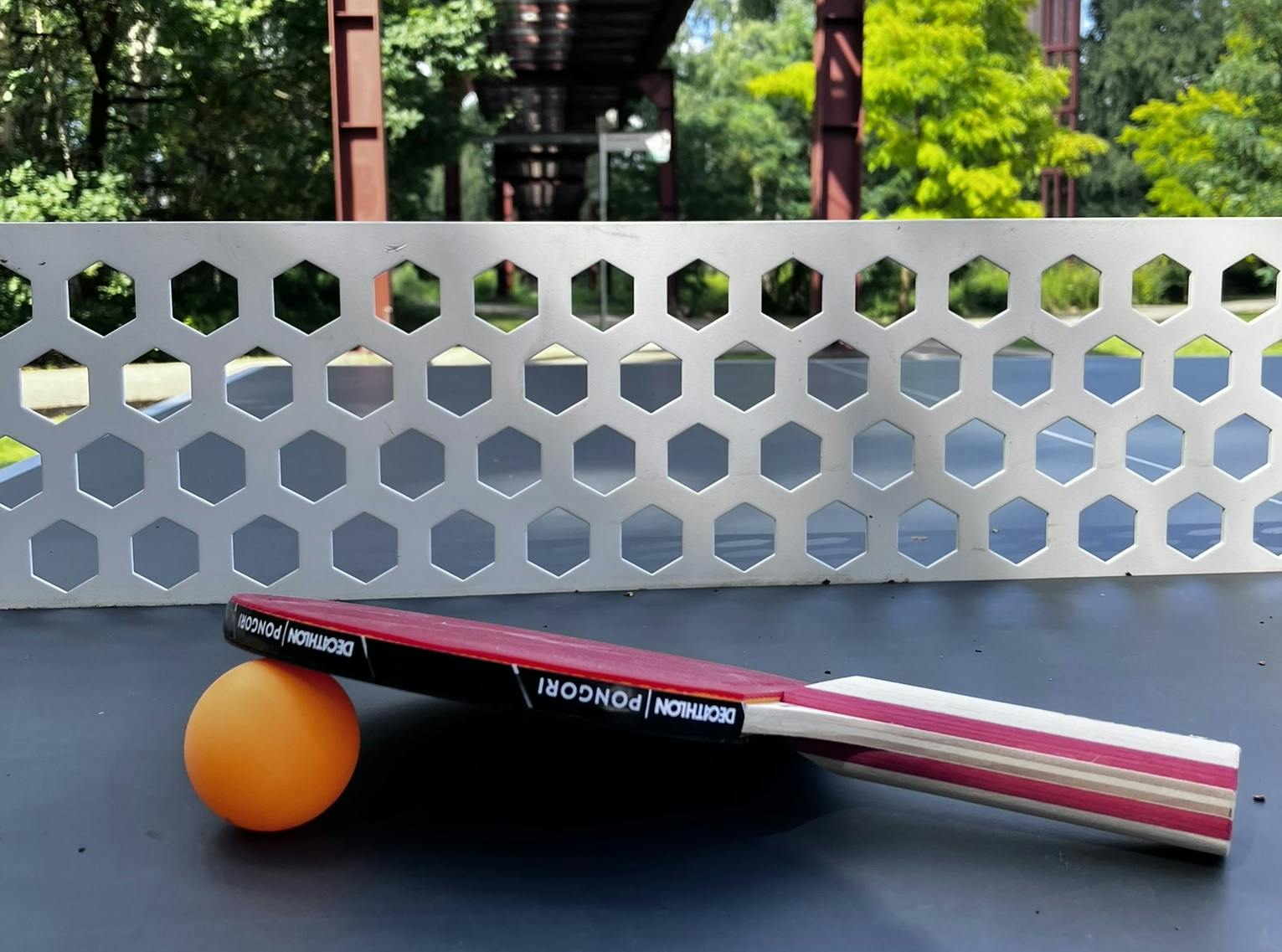 Auf einem blauen Tischtennistisch liegt eine orangefarbene Tischtenniskugel, über der ein rot-schwarzer Tischtennisschläger der Marke Decathlon Pongori schräg aufliegt. Im Hintergrund ist ein weißes Netz mit Wabenstruktur zu sehen. Dahinter erkennt man eine grüne Parklandschaft mit Bäumen und rotbraunen Stahlträgern eines Industriegebäudes. Die Szene ist sonnig und wirft klare Schatten.