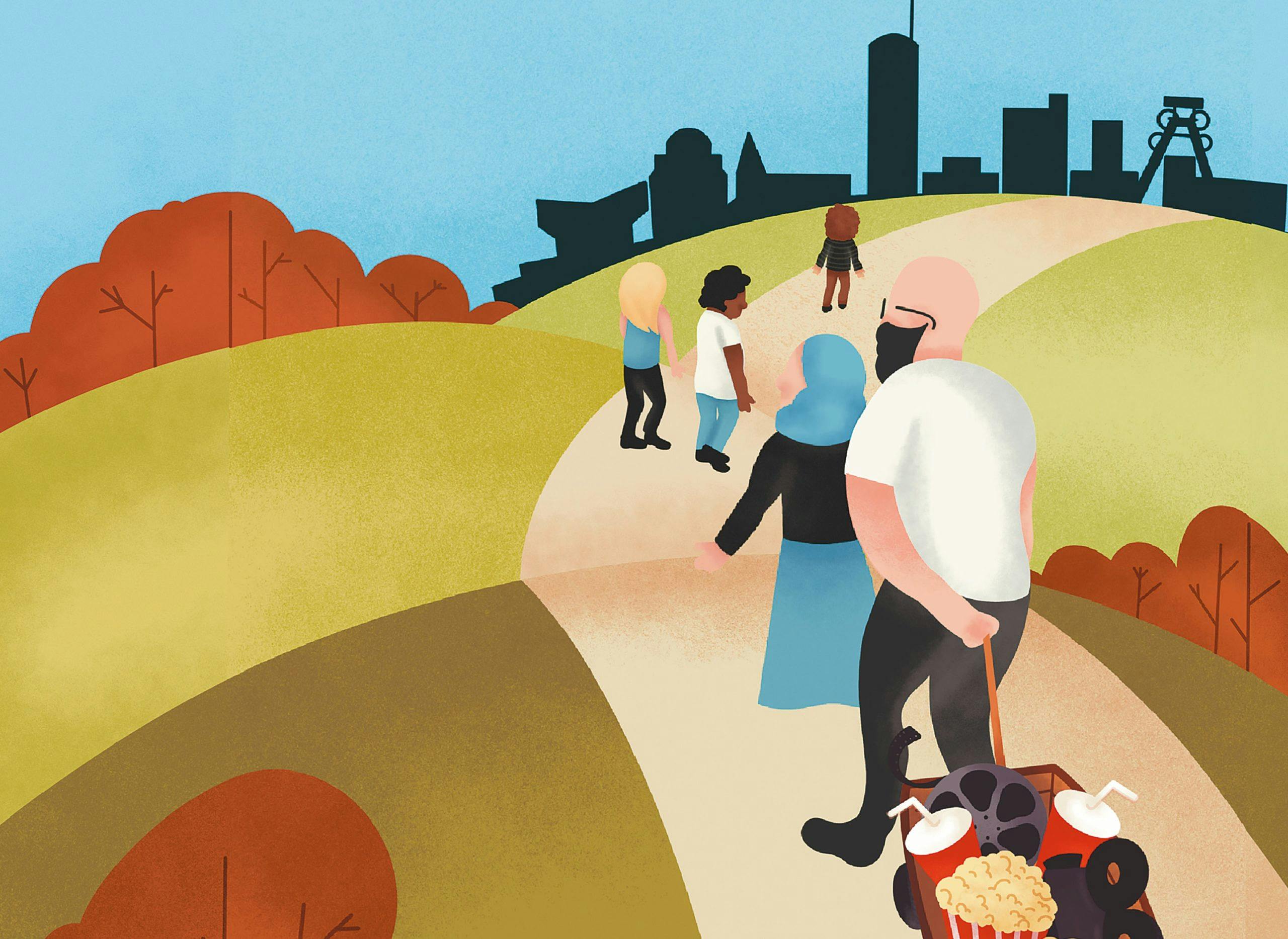 Illustration einer hügeligen Landschaft mit herbstlich gefärbten Bäumen und einem hellen Weg, der auf eine entfernte Stadt mit markanten Gebäuden und einem Förderturm zuführt. Mehrere Menschen gehen auf dem Weg in Richtung Stadt, darunter ein bärtiger Mann mit Sonnenbrille, der einen kleinen Handwagen zieht. In dem Wagen liegen schwarze Schallplatten, ein Sack mit Popcorn und zwei weiße Tauben. Neben ihm läuft eine Frau mit Kopftuch und Rock. Die Szene wirkt friedlich und symbolisch, möglicherweise für Gemeinschaft, Kultur oder einen gemeinsamen Weg in die Zukunft.