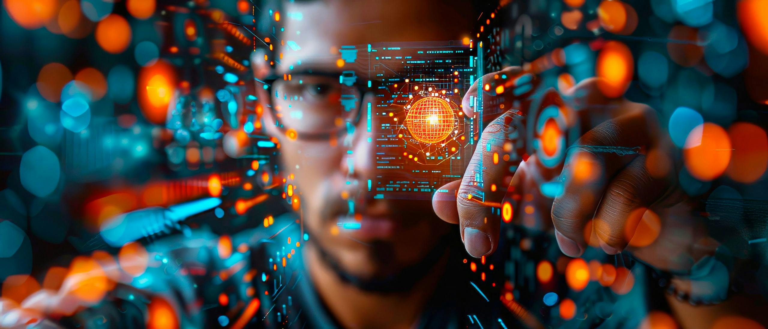Das Bild zeigt einen Mann mit Brille, der in einem futuristischen, digitalen Interface arbeitet. Er blickt konzentriert durch eine transparente Benutzeroberfläche mit leuchtenden grafischen Elementen in Orange und Blau. In der Mitte ist ein leuchtender, digitaler Globus dargestellt, umgeben von Datenpunkten und Netzlinien. Der Mann streckt die Hand nach vorn und scheint eine virtuelle Schaltfläche oder ein holografisches Element zu bedienen. Die Szene ist stark digital verfremdet und symbolisiert moderne Technologien wie Künstliche Intelligenz, Datenanalyse oder Cybersecurity. Die Atmosphäre wirkt hochtechnologisch und visionär.