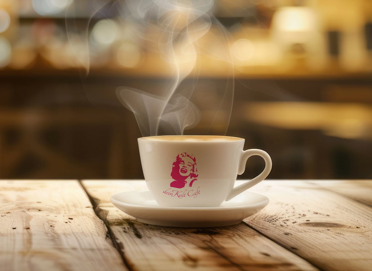 Dampfende Kaffeetasse mit dem Logo des neuen auf der Kokerei Zollverein ansässigen Cafés.