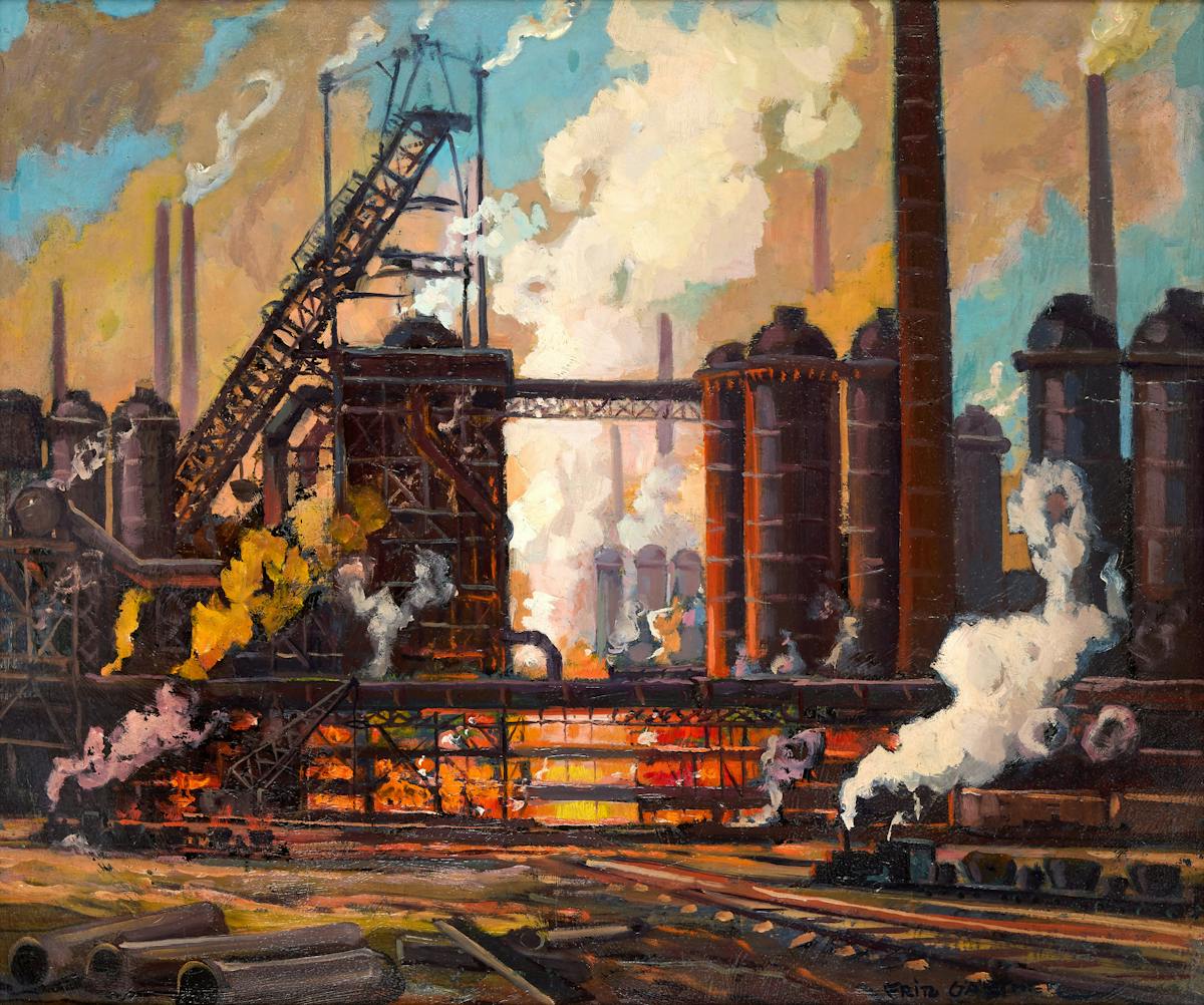 Gemälde einer großen Industrieanlage mit zahlreichen Schornsteinen, aus denen dichter Rauch aufsteigt. Im Vordergrund befinden sich glühende Feuerstellen, aus denen Flammen und Dampf emporsteigen. Links ist eine große Schrägförderanlage zu sehen, rechts und mittig stehen massive Hochöfen und Kühltürme. Der Himmel ist teils blau, teils von Rauchschwaden bedeckt, die das Bild in warme Farben tauchen. Am Boden liegen Eisenrohre und Schienen. Die Szene vermittelt den Eindruck von intensiver industrieller Aktivität in einem Stahl- oder Hüttenwerk.