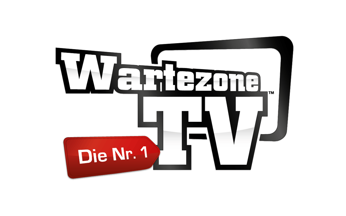 Logo mit dem Schriftzug Wartezone TV in großen, weißen Buchstaben vor schwarzem Hintergrund, stilisiert durch einen angedeuteten Fernsehrand. Unten links ein rotes Schild mit weißer Aufschrift Die Nr. 1.