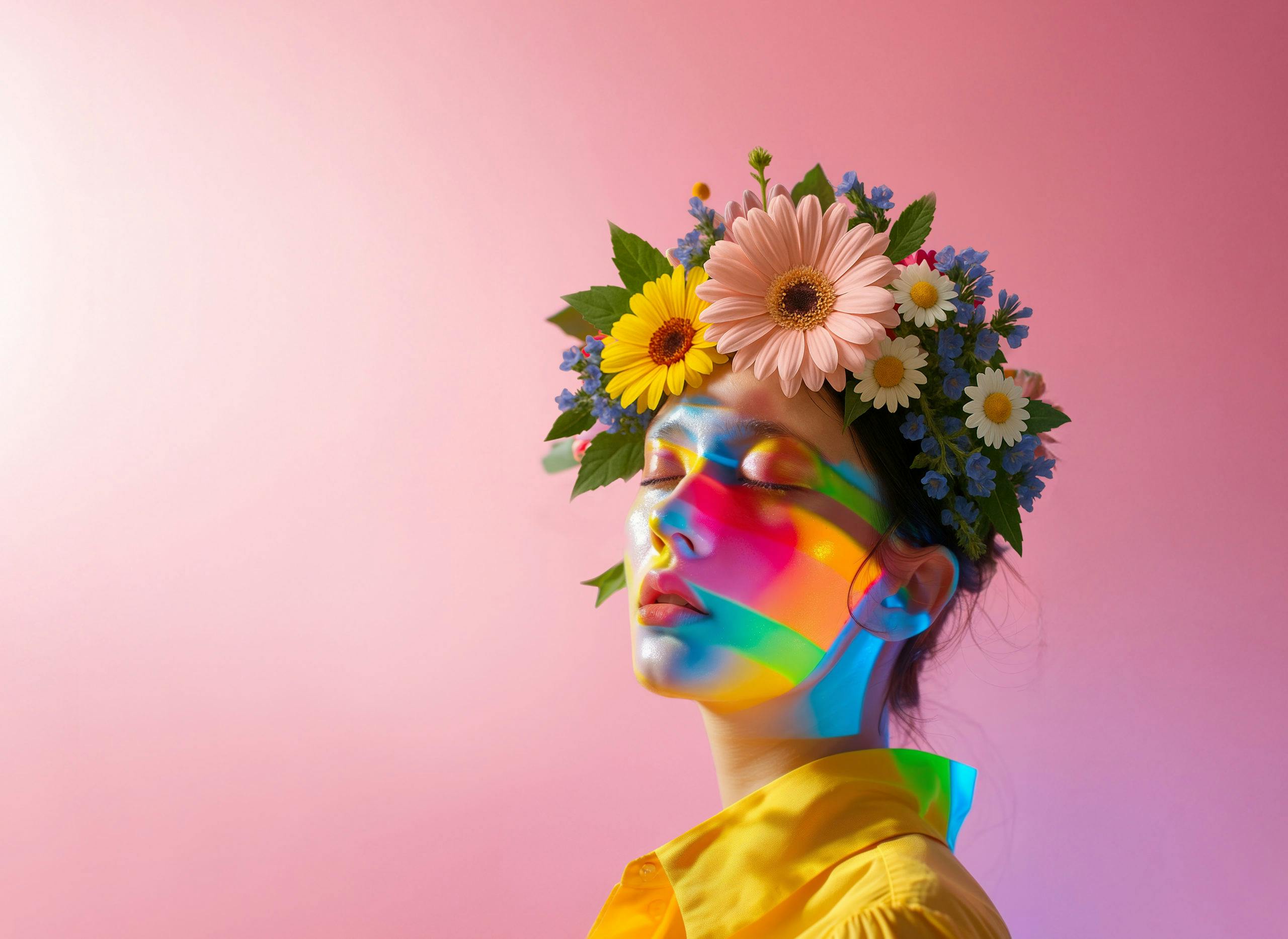 Eine junge Frau mit geschlossenen Augen trägt einen farbenfrohen Blumenkranz aus Gänseblümchen, Sonnenblumen, pinken Gerbera und blauen Blüten auf dem Kopf. Ihr Gesicht wird von einem bunten Lichtmuster in Regenbogenfarben durchzogen, das quer über Stirn, Augen, Wangen und Hals verläuft. Sie trägt ein leuchtend gelbes Hemd und steht vor einem rosa Hintergrund. Die Atmosphäre wirkt träumerisch, friedlich und künstlerisch inszeniert.