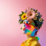 Eine junge Frau mit geschlossenen Augen trägt einen farbenfrohen Blumenkranz aus Gänseblümchen, Sonnenblumen, pinken Gerbera und blauen Blüten auf dem Kopf. Ihr Gesicht wird von einem bunten Lichtmuster in Regenbogenfarben durchzogen, das quer über Stirn, Augen, Wangen und Hals verläuft. Sie trägt ein leuchtend gelbes Hemd und steht vor einem rosa Hintergrund. Die Atmosphäre wirkt träumerisch, friedlich und künstlerisch inszeniert.