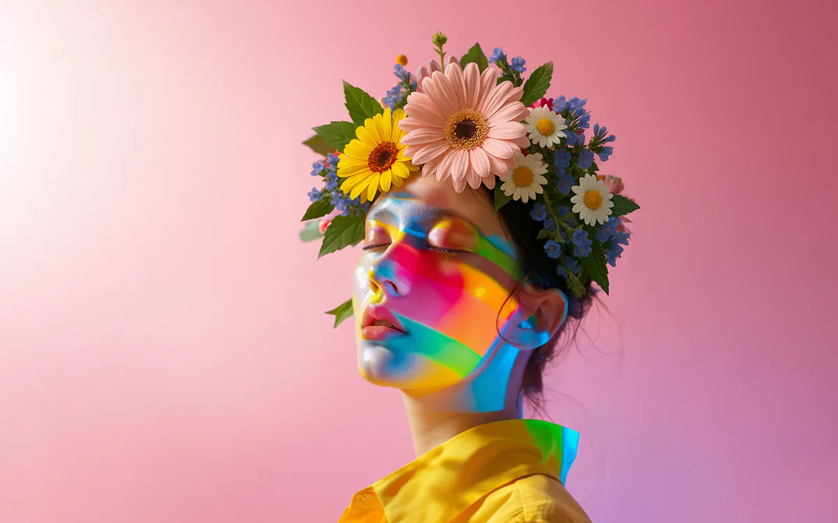 Eine junge Frau mit geschlossenen Augen trägt einen farbenfrohen Blumenkranz aus Gänseblümchen, Sonnenblumen, pinken Gerbera und blauen Blüten auf dem Kopf. Ihr Gesicht wird von einem bunten Lichtmuster in Regenbogenfarben durchzogen, das quer über Stirn, Augen, Wangen und Hals verläuft. Sie trägt ein leuchtend gelbes Hemd und steht vor einem rosa Hintergrund. Die Atmosphäre wirkt träumerisch, friedlich und künstlerisch inszeniert.