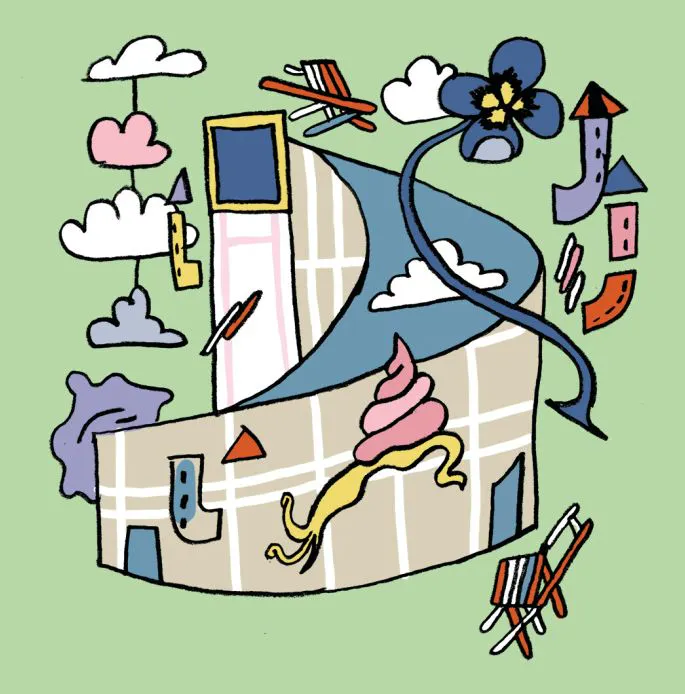 Bunte, verspielte Illustration eines geschwungenen Gebäudes mit Fensterfassade auf grünem Hintergrund. Auf dem Dach verläuft ein blauer Weg mit weißen Wolken und einer großen, stilisierten blauen Blume, deren Stängel sich durch das Bild zieht. Über dem Gebäude schwebende Elemente wie bunte Wolken, kleine Häuser, fliegende Liegestühle und geometrische Formen erzeugen einen surrealen, träumerischen Eindruck. An der Fassade befinden sich ein rosafarbener Softeiswirbel und ein gelbes Band. Die Szene wirkt wie aus einer kindlichen Fantasiewelt.