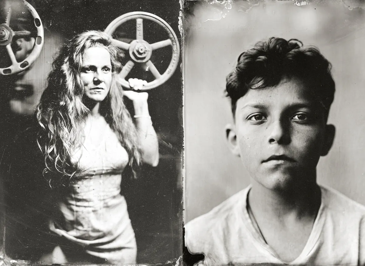 Zwei nebeneinander angeordnete Porträts im Stil einer historischen Schwarz-weiß-Fotografie. Links steht eine Person mit langen, gewellten Haaren vor einem großen, runden Metallrad, das an eine Maschine erinnert. Die Person trägt ein ärmelloses, eng anliegendes Kleid. Rechts ist eine Person mit kurzem, gewelltem Haar und einem weißen T-Shirt zu sehen. Der Hintergrund beider Bilder ist unscharf und erzeugt einen nostalgischen Effekt.