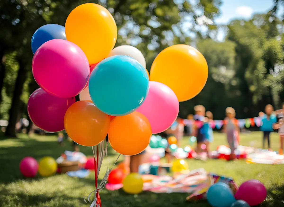 Bunte Luftballons in Pink, Gelb, Orange, Türkis, Blau und Weiß stehen im Vordergrund auf einer sonnigen Wiese. Im unscharfen Hintergrund sind eine Kinderparty oder ein Picknick im Park mit weiteren Ballons, Decken, Spielzeug, Wimpelkette und Kindern zu sehen. Die Szene wirkt fröhlich, sommerlich und festlich.