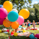 Bunte Luftballons in Pink, Gelb, Orange und Türkis stehen im Vordergrund auf einer grünen Wiese. Im unscharfen Hintergrund ist eine fröhliche Picknick- oder Kinderparty im Park zu sehen, mit Decken, Spielzeug und Menschen zwischen Bäumen. Die Szene wirkt sonnig, sommerlich und festlich.