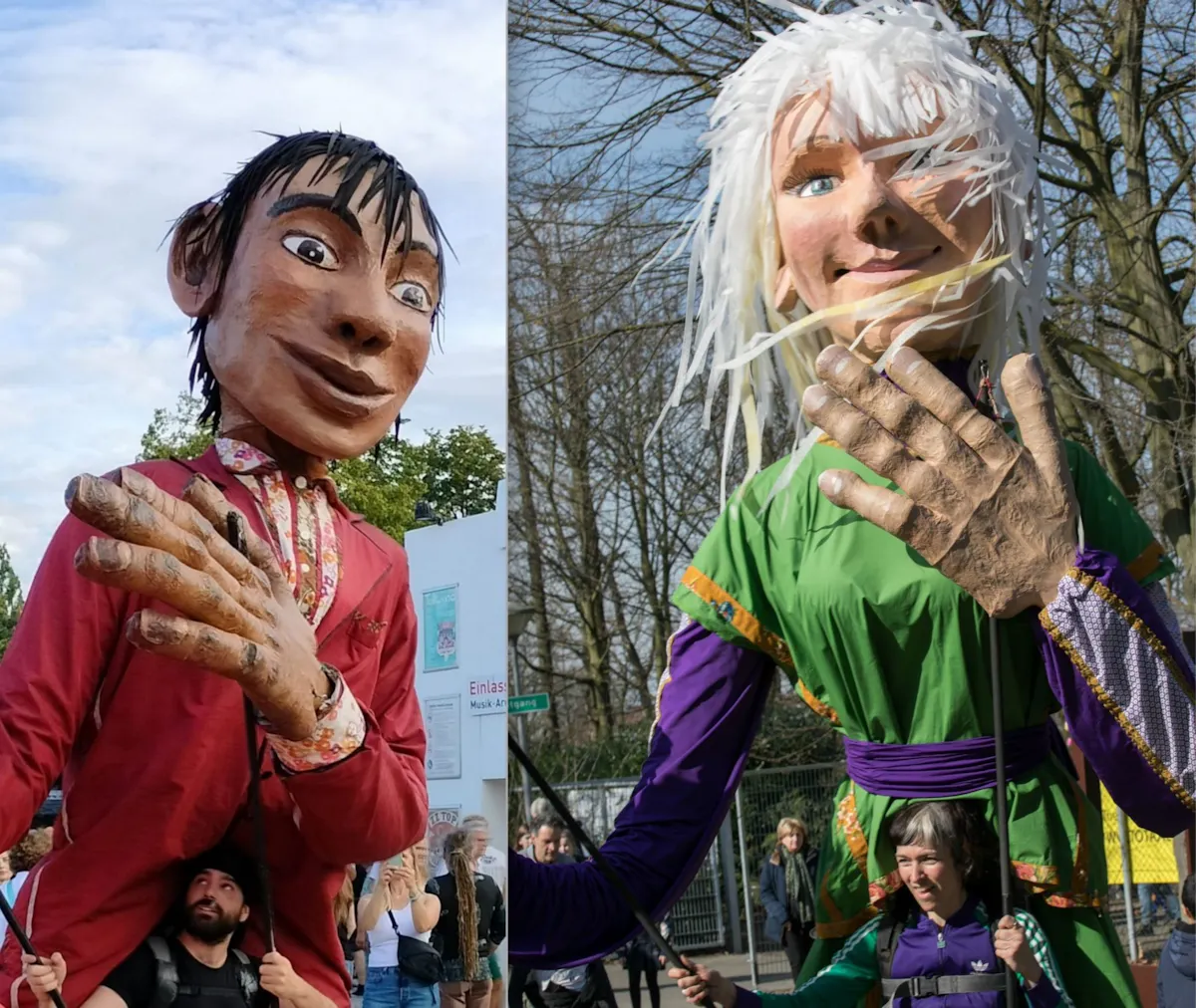 Zweiteilige Bildcollage mit zwei großen, handgeführten Figuren bei einer Straßen- oder Kulturveranstaltung im Freien. Links ist eine Figur mit dunklen Haaren und roter Kleidung zu sehen, rechts eine Figur mit weißem Haar, grünem Gewand und violetten Ärmeln. Beide Figuren haben übergroße Köpfe und Hände und werden von Menschen mit Stangen bewegt. Im Hintergrund stehen Bäume und Zuschauerinnen und Zuschauer.