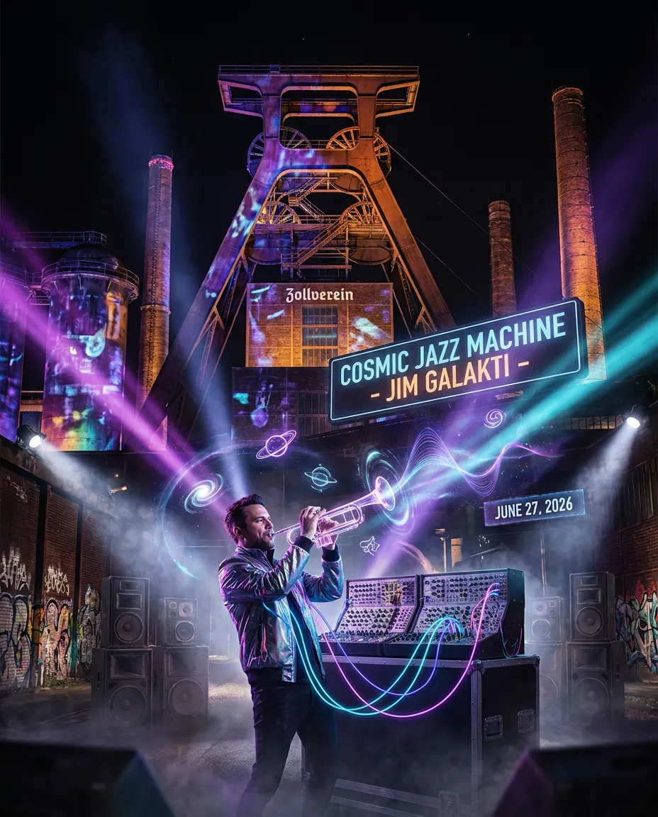 Grafisches Konzertplakat vor nächtlicher Industriekulisse der Zeche Zollverein. Im Hintergrund ist das beleuchtete Doppelbock-Fördergerüst mit Schornsteinen zu sehen. Im Vordergrund der Collage spielt ein Musiker Trompete, umgeben von Nebel, Lautsprechern, Mischpulten und leuchtenden Linien in Blau und Violett. Auf Schildern stehen Cosmic Jazz Machine, Jim Galakti und June 27, 2026.