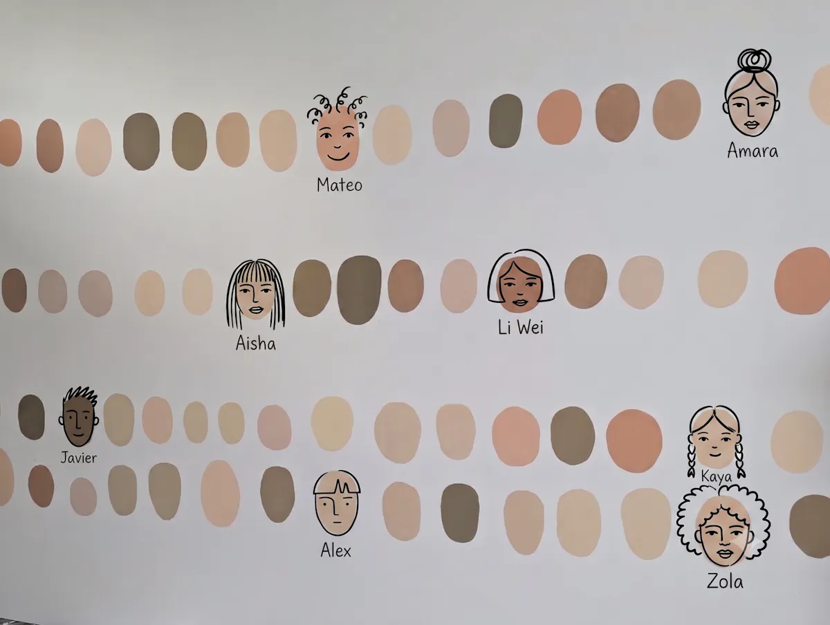 Illustration auf einer weißen Wand mit vielen ovalen Farbfeldern in unterschiedlichen Hauttönen. Zwischen den Farbfeldern sind einfache gezeichnete Gesichter mit Namen zu sehen, darunter Mateo, Amara, Aisha, Li Wei, Javier, Alex, Kaya und Zola. Das Motiv zeigt Vielfalt und unterschiedliche Hautfarben auf spielerische Weise.